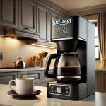 Black & Decker coffee maker brewing coffee in a modern kitchen.