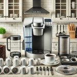 Various parts for a Keurig coffee maker displayed on a kitchen counter.