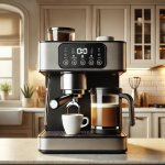 A modern combo espresso and coffee maker brewing both espresso and a pot of coffee on a stylish kitchen counter.