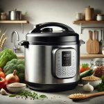 A top-rated pressure cooker on a modern kitchen counter, showcasing its sleek design and functionality.