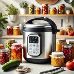 A modern electric canning pressure cooker with jars of preserved fruits and vegetables on a kitchen counter.