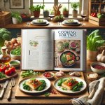 A cozy kitchen setting featuring a cookbook for two, fresh ingredients, and a plated meal for two on the table.