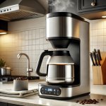 A sleek thermal carafe coffee maker brewing coffee with a stainless steel carafe on a countertop