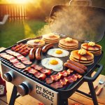 Pit Boss griddle cooking breakfast outdoors.