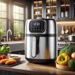 A modern kitchen with the best air fryer pressure cooker combo displayed on the countertop, surrounded by fresh vegetables and a ready meal.