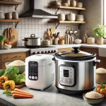 A modern rice cooker and slow cooker side by side on a kitchen countertop, surrounded by fresh vegetables and rice dishes.