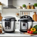 A modern kitchen countertop featuring a Ninja Speedi and a traditional pressure cooker side by...jpg