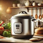 A modern kitchen setup featuring a non-toxic rice cooker prominently displayed on a countertop...jpg