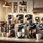 A variety of Keurig coffee makers on a countertop in a kitchen setting, with different models ...jpg